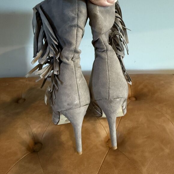 JustFab Womens Posey Booties Taupe Fringe Pointed Toe Slim Heels Side Zip W-US 8 - Picture 6 of 9